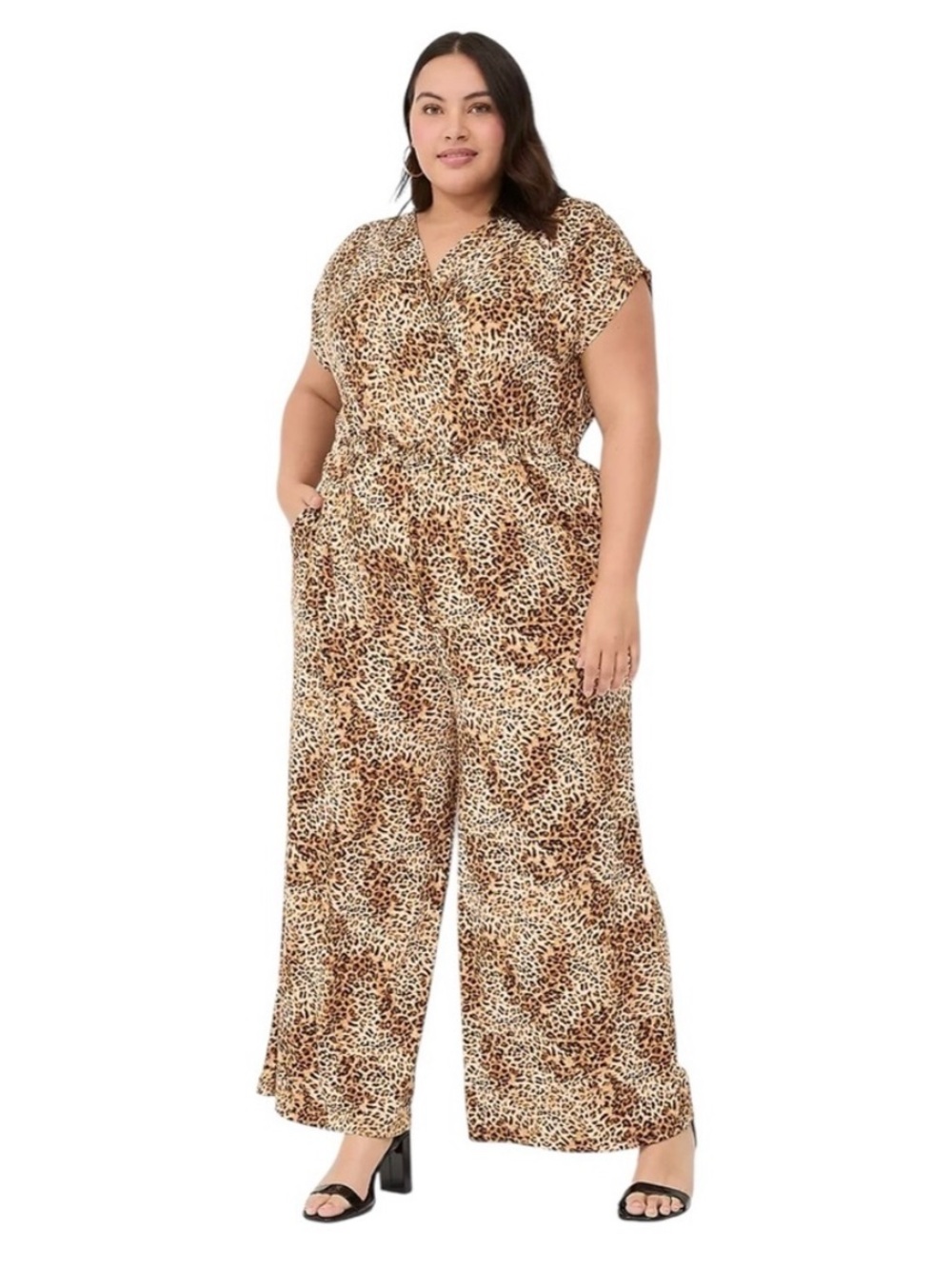 Lane Bryant Shirred Shoulder Leopard Print Jersey Jumpsuit Plus Size 18/20 EUC